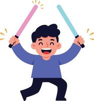 Happy child joyfully waving colorful light sabers in a playful pose, flat art vector
