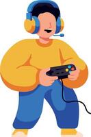Enthusiastic boy playing games with a controller while wearing a vibrant headset in flat art vector