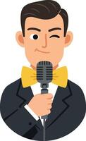 A cheerful man in a tuxedo with a yellow bow tie holding a microphone in a flat illustration vector