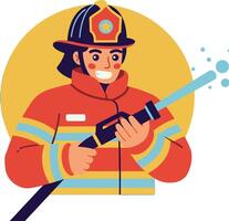 Firefighter holding a hose in bright uniform with a cheerful expression, flat illustration vector
