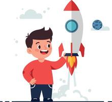 A cheerful boy holding a colorful rocket in a playful flat illustration vector