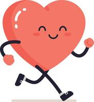 Happy heart character running joyfully in a flat, minimal style illustration vector