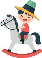 Happy child riding a rocking horse in a playful, colorful, flat illustration vector
