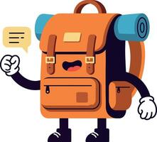 Happy cartoon backpack character with arms and a speech bubble in flat art vector