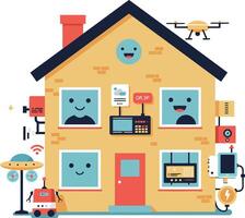 Smart house in a playful flat design featuring happy faces, gadgets, and technology in art vector