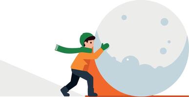 Child in orange jacket joyfully pushing a large snowball on a snowy slope in flat art vector
