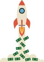 A rocket launching with money bills flying around in a flat illustration vector