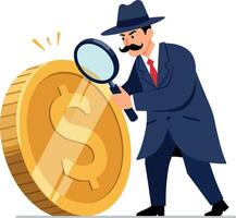 A detective examining a large gold coin with a magnifying glass in flat art vector