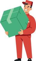 Delivery man in red uniform joyfully carrying a large green box in a flat illustration vector