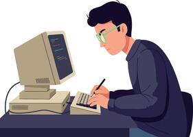 Young man coding on an old computer with glasses in a flat illustration vector