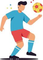 Soccer player in blue and red uniform performing a kick with a ball in colorful flat illustration vector