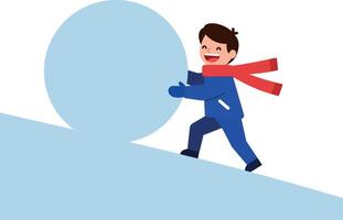 Child smiling while pushing a large snowball uphill in a minimal flat illustration vector