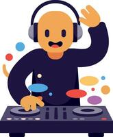 DJ mixing music with colorful sound waves in a flat illustration vector