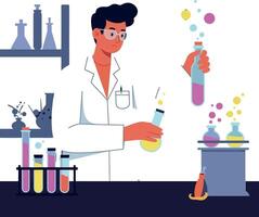 Scientist in a lab mixing colorful liquids in glassware, flat illustration vector