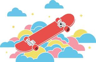 A vibrant red skateboard soaring through fluffy clouds in a playful flat illustration vector