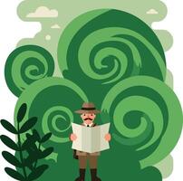 A man exploring a lush forest with a map in hand, flat art vector