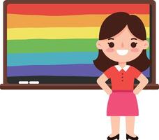 Smiling teacher standing proudly in front of colorful rainbow chalkboard in flat art vector