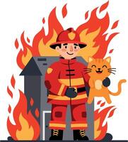 A brave firefighter in red uniform rescuing a cheerful cat amidst vibrant flames in flat art vector