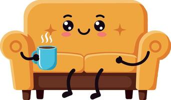 A cheerful animated couch character holding a steaming cup, minimal flat illustration vector