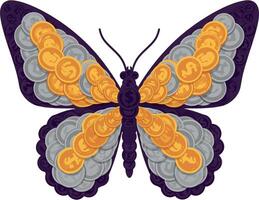 Colorful butterfly with coin patterns in flat design style showcasing wealth and transformation art vector
