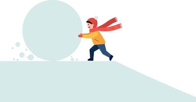 Child in a red scarf joyfully pushing a large snowball downhill in flat art vector