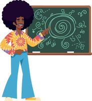 A cheerful teacher with an afro hairstyle presenting colorful patterns on a chalkboard in flat art vector