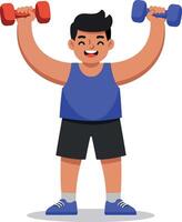 A cheerful boy lifting colorful dumbbells in a flat illustration vector