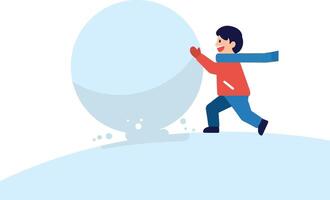 A cheerful boy rolling a large snowball on a snowy hill in flat art vector