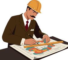 Engineer in a hard hat meticulously drafting plans on a table in flat art vector