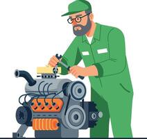 Mechanic working diligently on an engine in a minimal and colorful illustration vector