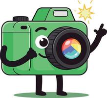 Cheerful green camera character with playful expression in flat art vector