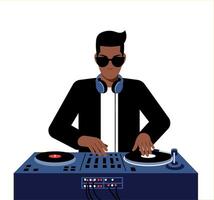 DJ performing at a lively party in a flat illustration style with vibrant colors and energetic atmosphere art vector