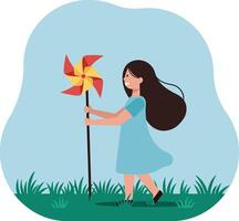 A girl joyfully walking with a colorful pinwheel in a lush green field, minimal art vector