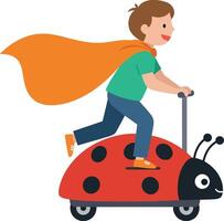 Boy in a cape riding a ladybug scooter in a playful and colorful flat illustration vector