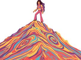 A person standing triumphantly on a colorful mountain in a flat illustration vector