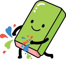 Happy green eraser character playfully splashing colorful paint in a flat illustration vector