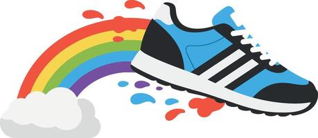 Blue running shoe splashing through colorful rainbow with vibrant droplets in flat art vector
