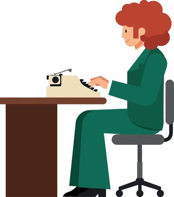 A woman typing on a vintage typewriter at a wooden desk in flat art