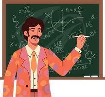 A cheerful teacher in a colorful suit explaining math concepts on a chalkboard in flat art vector
