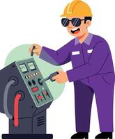 Technician in safety gear operating control panel with precision in flat art vector