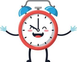 Cheerful cartoon alarm clock character in flat style with smiling face and outstretched arms illustration vector