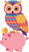 Colorful owl perched on a piggy bank with a dollar coin in flat art vector