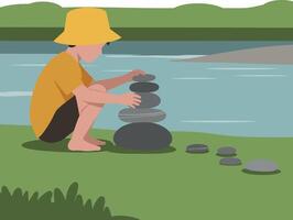 Young boy stacking smooth stones by a serene river in a flat illustration vector