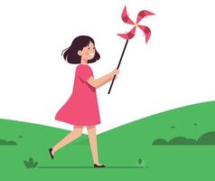 Young girl joyfully running with a colorful pinwheel in a vibrant, minimal illustration vector
