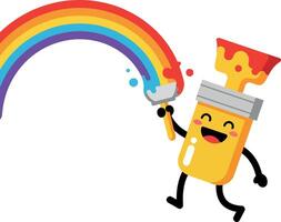 A cheerful paintbrush character joyfully creating a vibrant rainbow in a playful flat illustration vector
