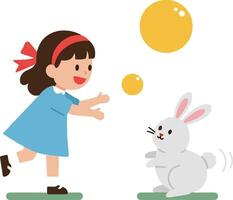 A joyful girl in a blue dress playing with a white rabbit and colorful bubbles in flat art vector