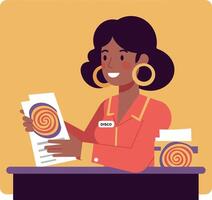 Friendly woman at a colorful counter showcasing products in a flat art style vector