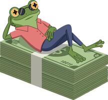 A relaxed frog lounging on a stack of cash in a flat illustration vector