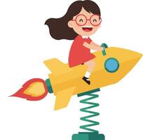 A cheerful girl riding a yellow rocket on a spring-mounted base in flat art vector