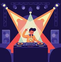 DJ performing on stage with colorful lights in a lively atmosphere, flat illustration vector